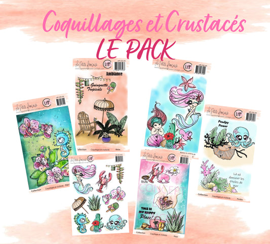 Pack de 5 planches de tampons transparents et 1 planche de designs papier à découper de la collection Coquillages et Crustacés